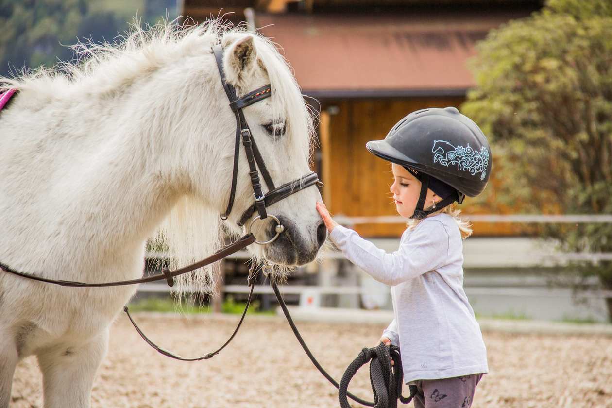 Kind begegnet einem weißen Pony am Tobhartbauer