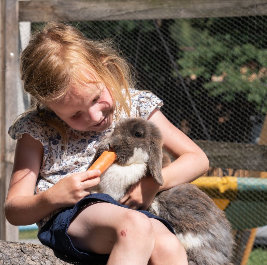 Kind füttert ein Kaninchen am Tobhartbauer